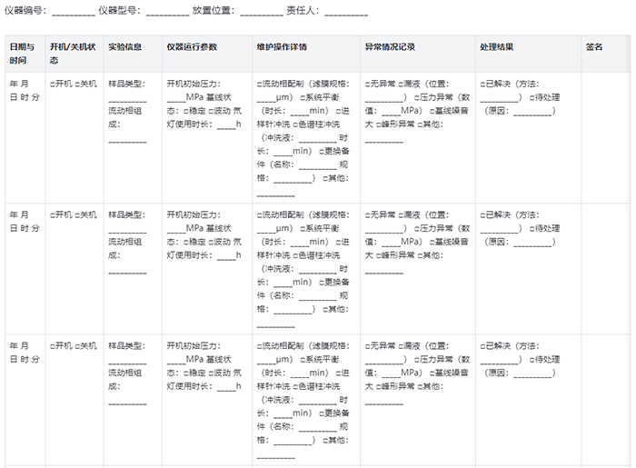 HPLC維護日志表參考